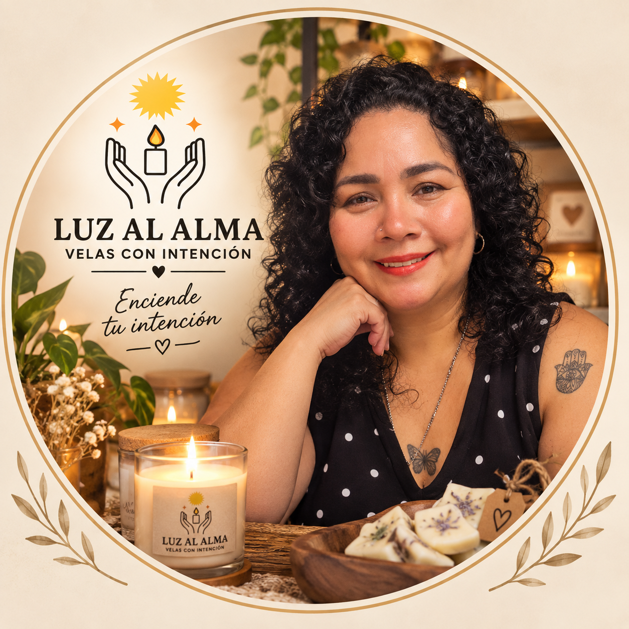 La creadora de Luz al Alma sonriendo junto a sus velas