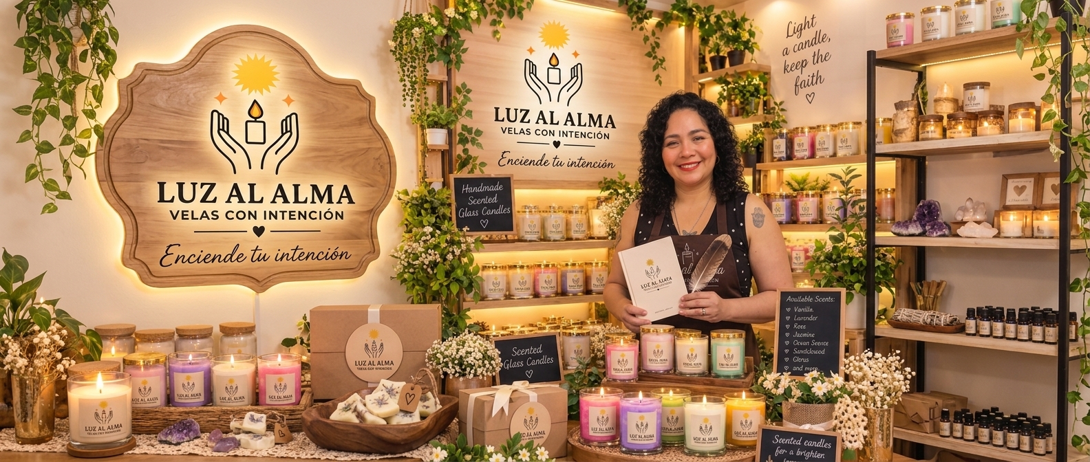 La creadora de Luz al Alma en su taller, rodeada de sus velas y productos artesanales